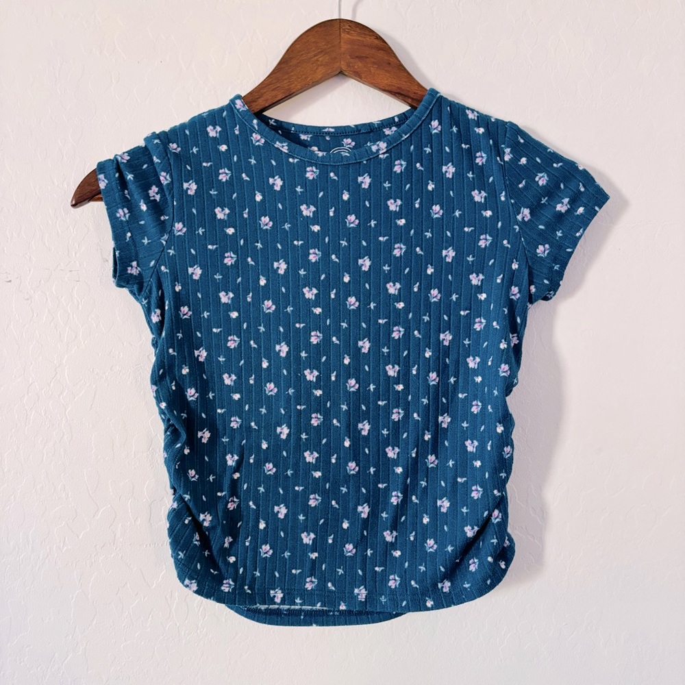 Wonder Nation Teal Floral Short Sleeve Top Girls Size 6 Small Ribbed